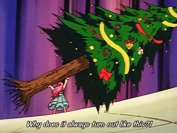 Chris from the anime Daa Daa Daa throwing a large Christmas tree