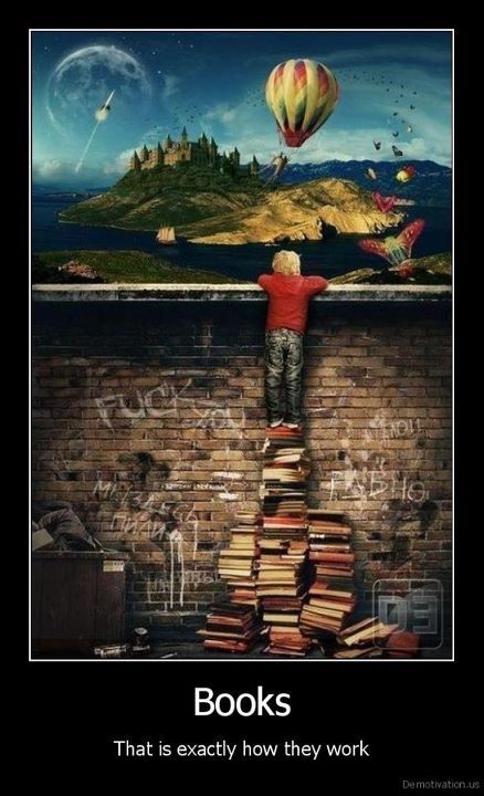 Boy standing on a stack of books, looking over a wall.