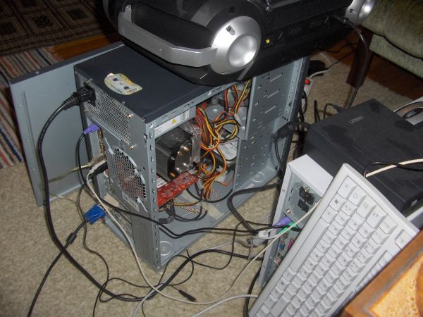 Computer with its side panel removed.