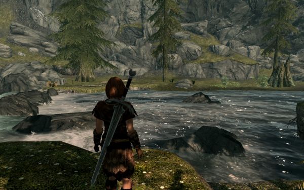 Screenshot game Skyrim, featuring river and woman.
