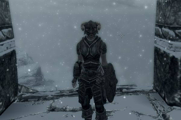 My first Skyrim character in blizzard near the top of the Hrotgard mountains. 