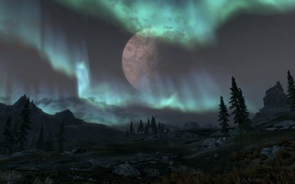 Skyrim night with move and aurora borealis